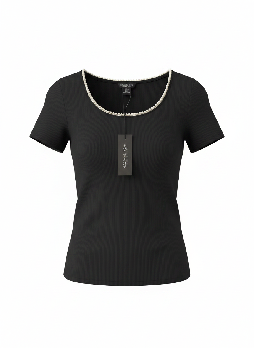 Stunning Pearl Neckline Black Knit Shirt