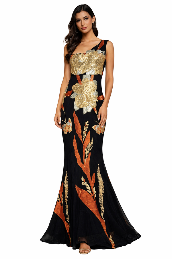 Noir & Gold Sequin Evening Gown